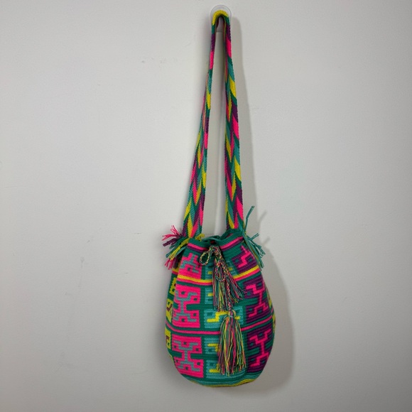 Authentic Wayuu boho bucket Crossbody bag hand woven cotton Multicolor - Picture 7 of 11